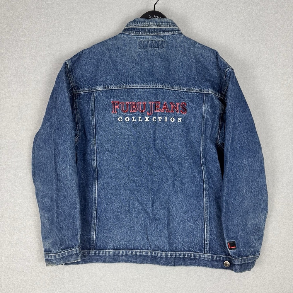 Vintage Fubu Collection Denim Blue Jean Trucker Jacket Pocket Button Mens XL Y2K